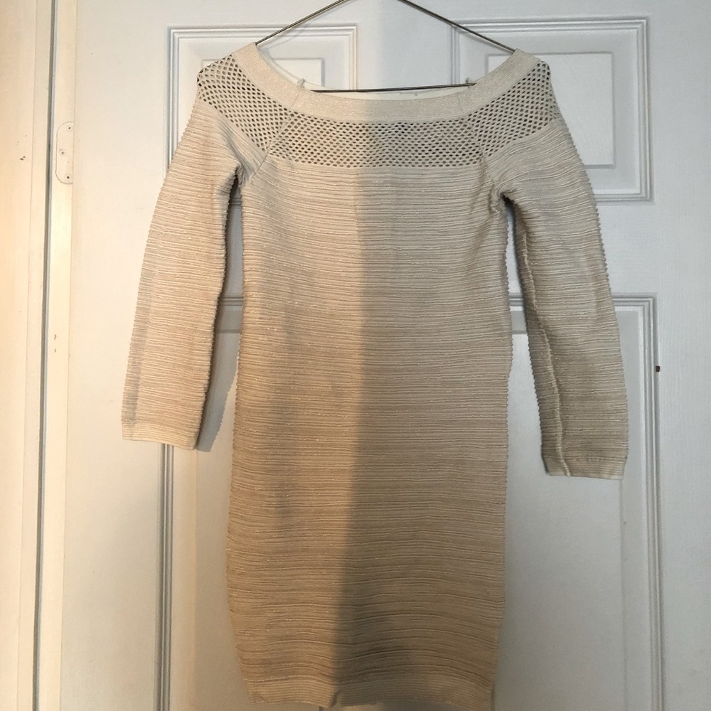 Fitted creme with sparkles bandage bebe dress